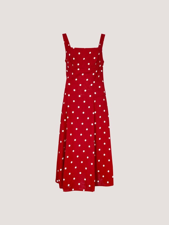Linen Polka Dot Midi Dress, Red, large