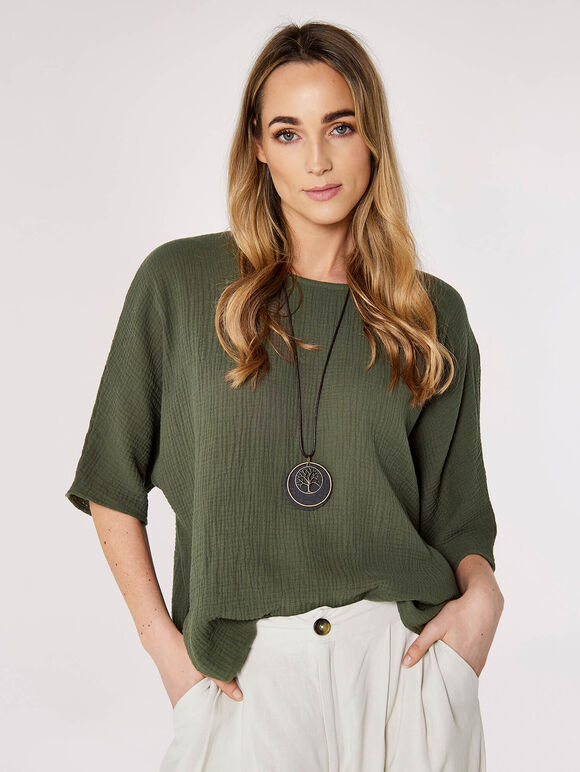 Waffle Batwing Necklace Top, Khaki, large