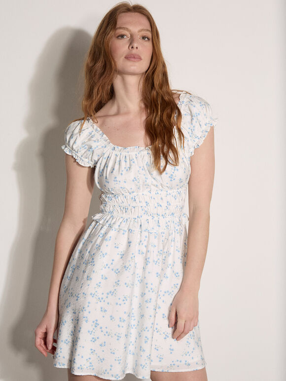 Floral Ruffle Mini Dress, Cream, large