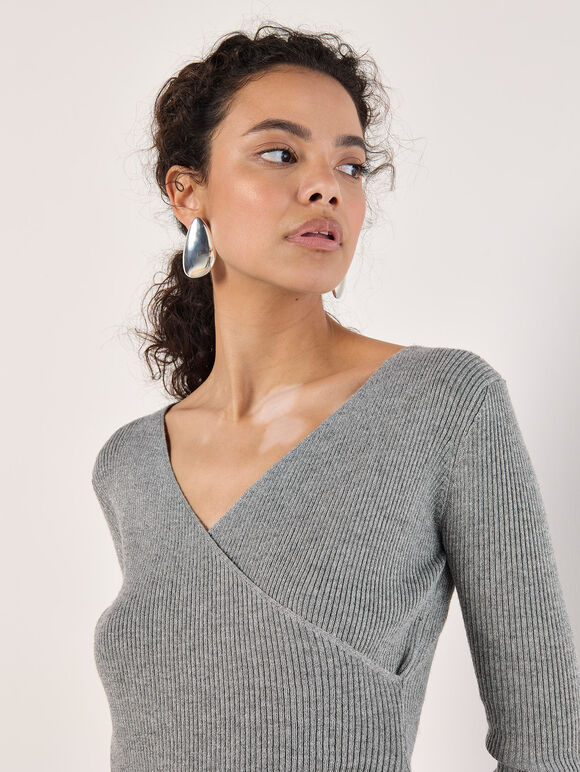Ribbed Knit Sparkle Wrap Jumper, Silver, large