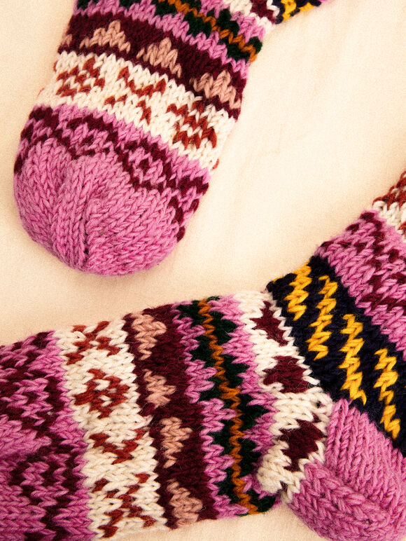 Hand-Knitted Long Stripe Socks, Pink, large