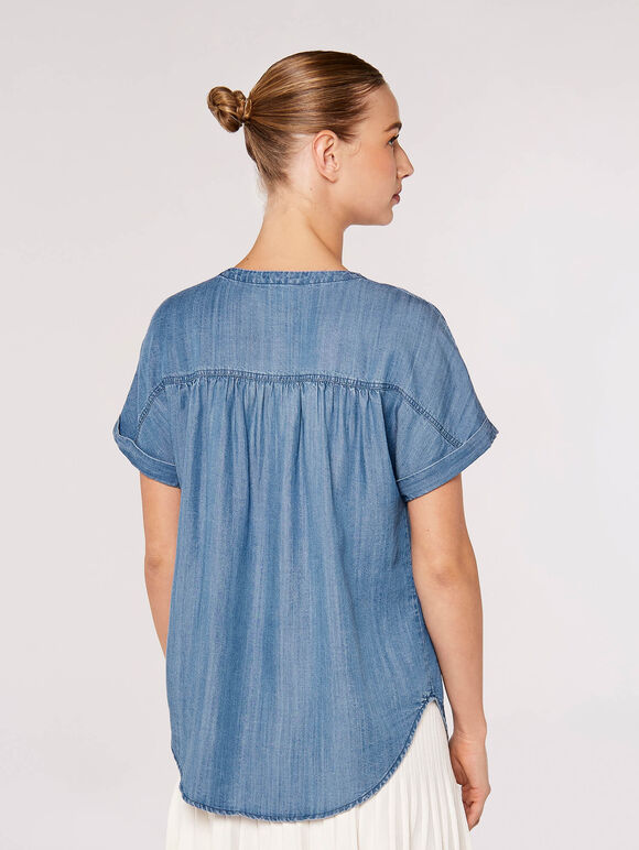 Denim Button Through Tee, Blue, large