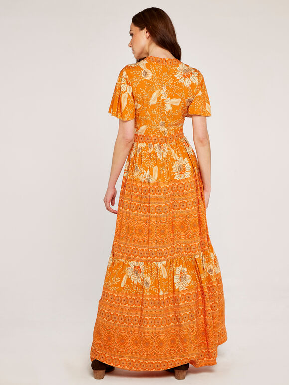 Floral Patchwork Print Maxi Dress, Orange, large
