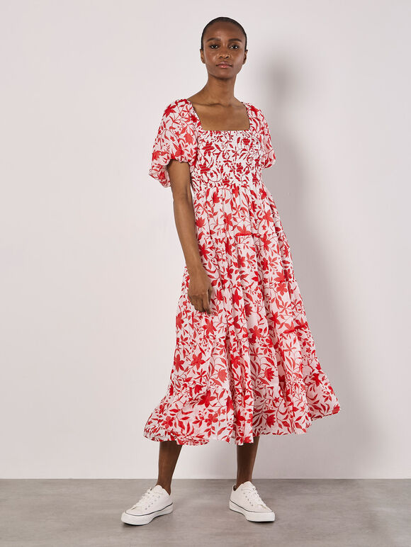 Sarasa Floral Tiered Midi Dress, Cream, large