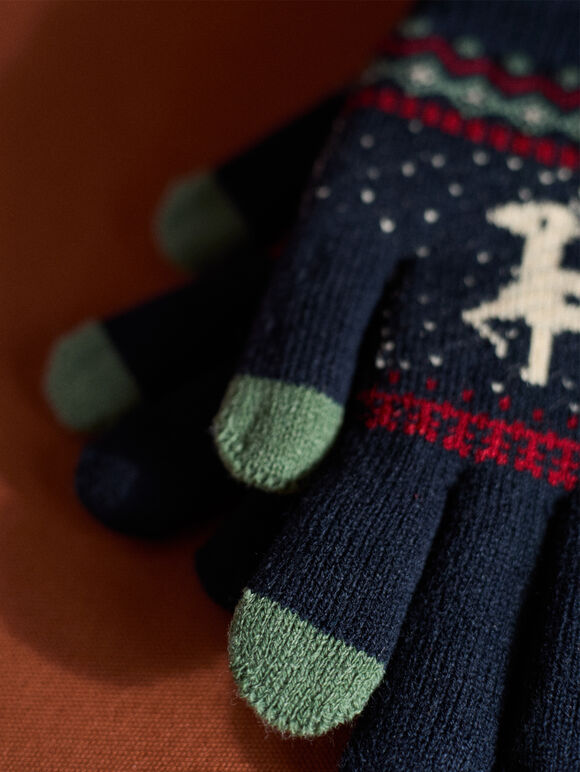 Reindeer Pattern Gloves, Navy, large