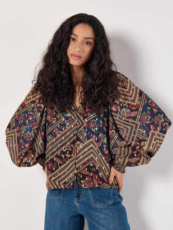 Gold Foil Floral Blouse, Navy, large