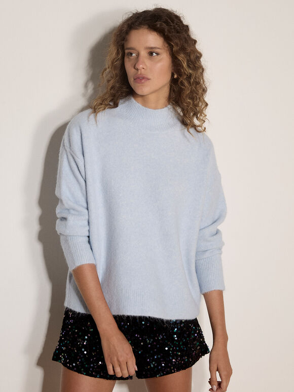 Boucl&eacute; Knit Mock Neck Jumper, Sky Blue, large