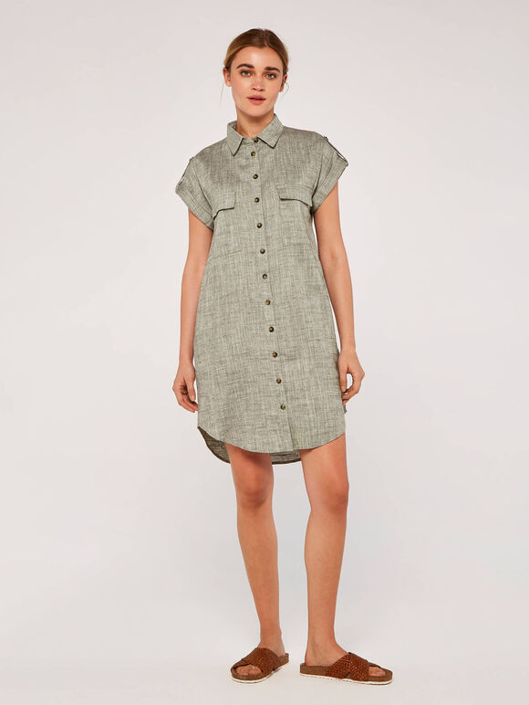 Linen Utility Dress, Khaki, large