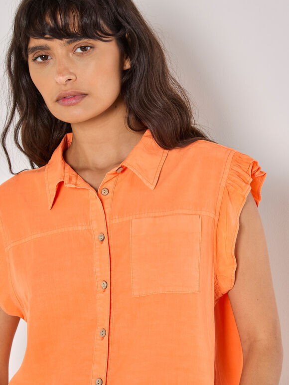 Ruffle Sleeve Soft Slub Blouse, Coral, large