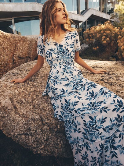 Watercolour Leaves Chiffon Tiered Maxi Dress