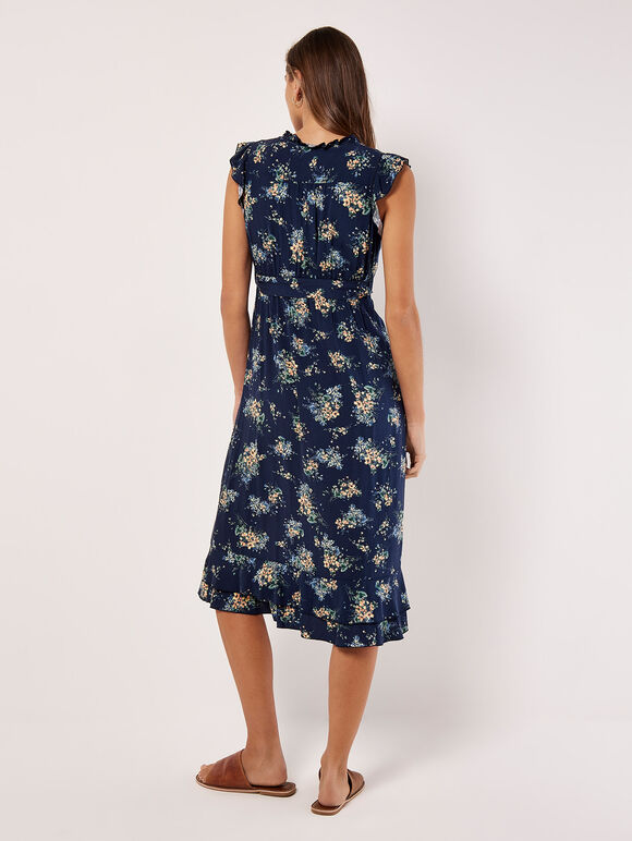 Robe mi-longue à imprimé floral, bleu marine, grand