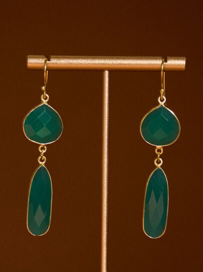 Gold Tone Green Stone Drop Earrings
