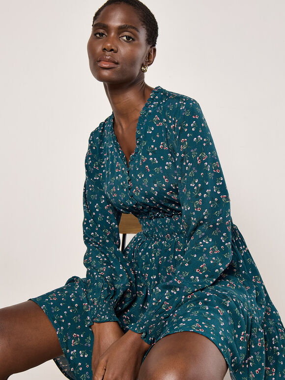 Ditsy Floral Mini Dress, Teal, large