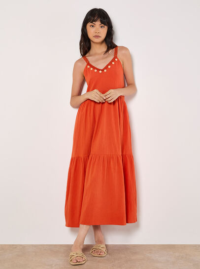 Bead Embellished Cotton Midaxi Dress