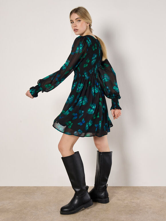 Butterfly Print Chiffon Mini Dress, Black, large
