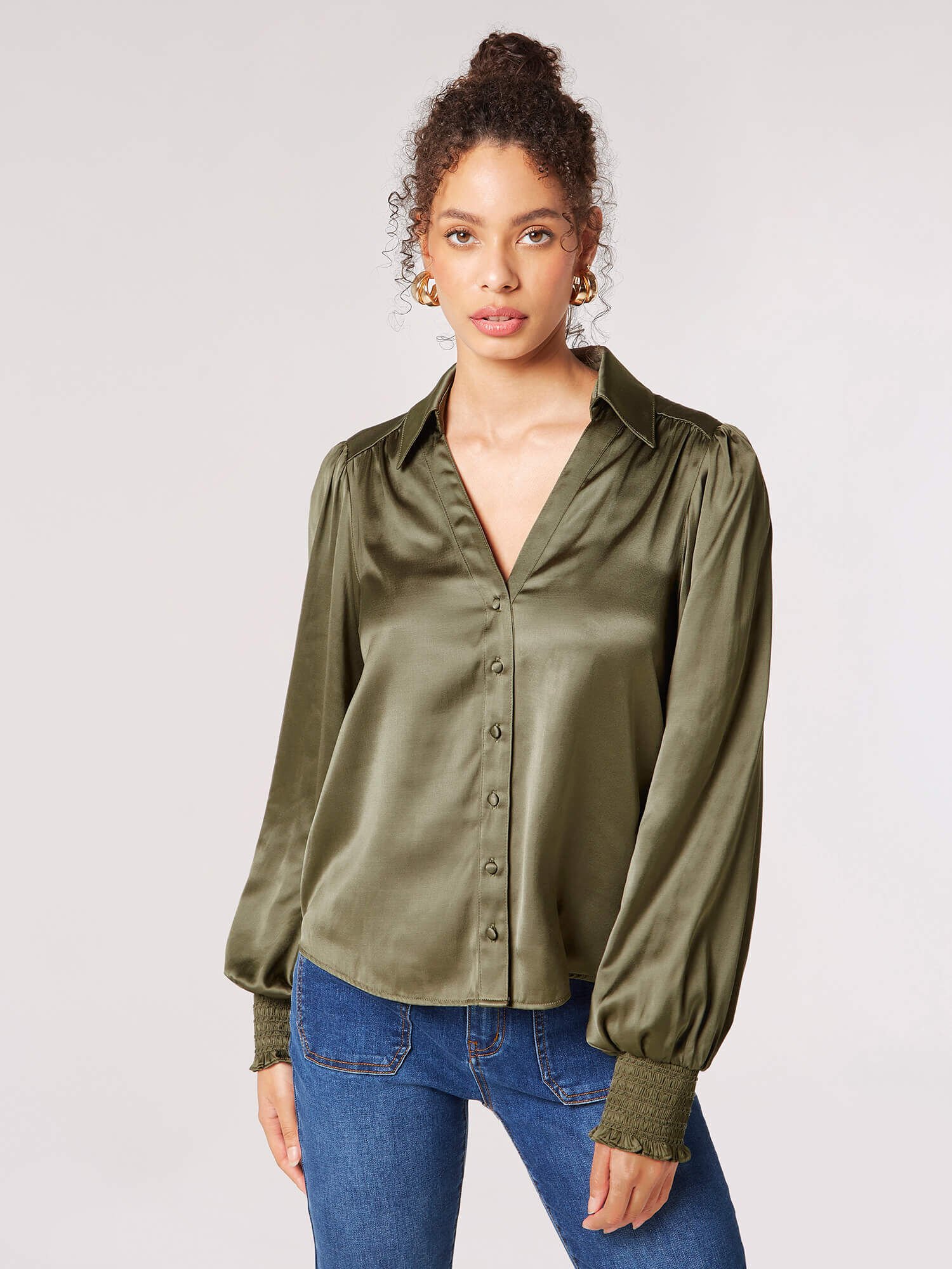 Chemise En Satin A Manches Ballon Vetements Apricot