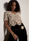 Floral Sequin Cotton Crochet Cardigan, Stone, large