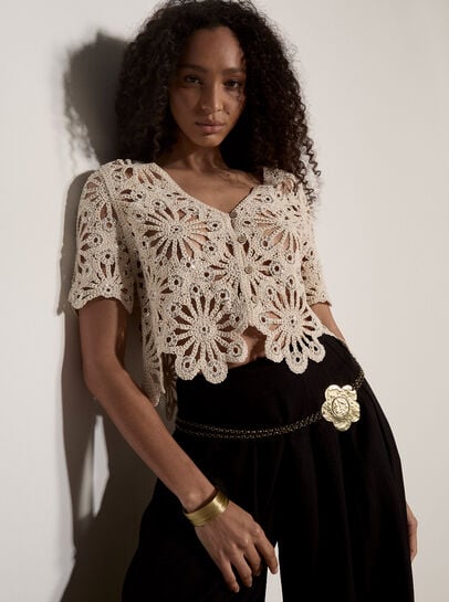 Floral Sequin Cotton Crochet Cardigan