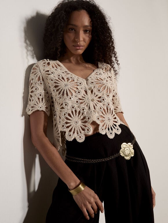 Floral Sequin Cotton Crochet Cardigan, Stone, large