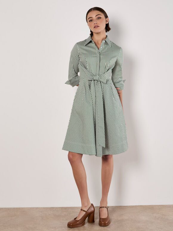 Cotton Stripe Shirt Mini Dress, Green, large
