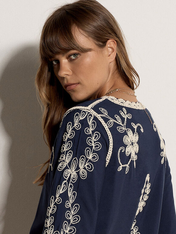 Embroidered Bell Sleeve Top, Navy, large