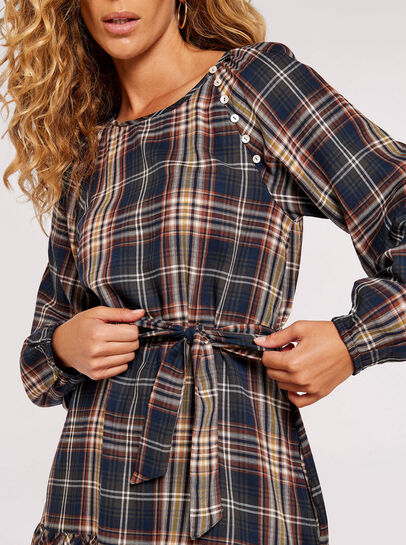 Check Print Ruffle Mini Dress