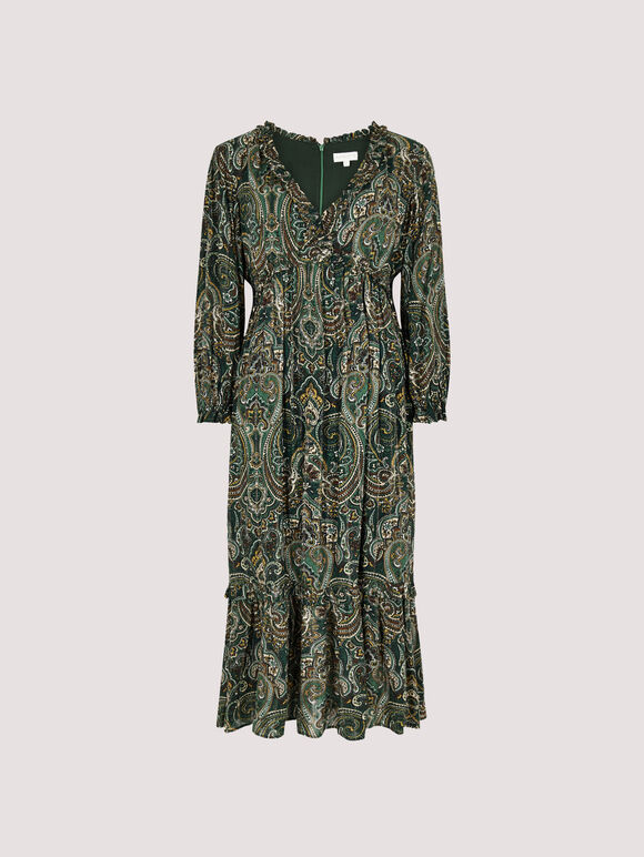 Paisley Ruffle Midaxi Dress, Green, large