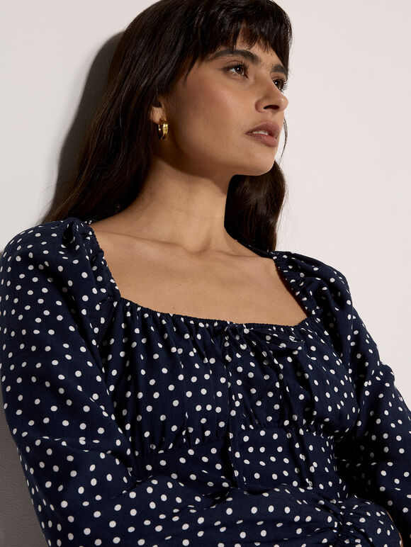 Polka Dot Milkmaid Mini Dress, Navy, large