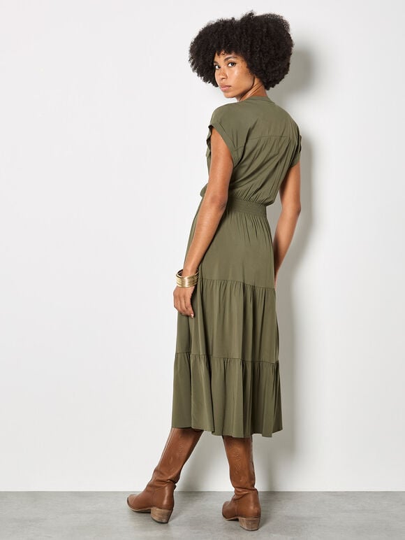 Tiered Utility Midaxi Dress, Khaki, large