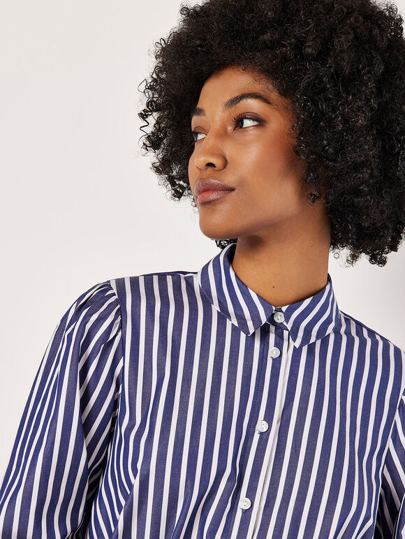 Stripe Shirt Cotton Mini Dress, Navy, large