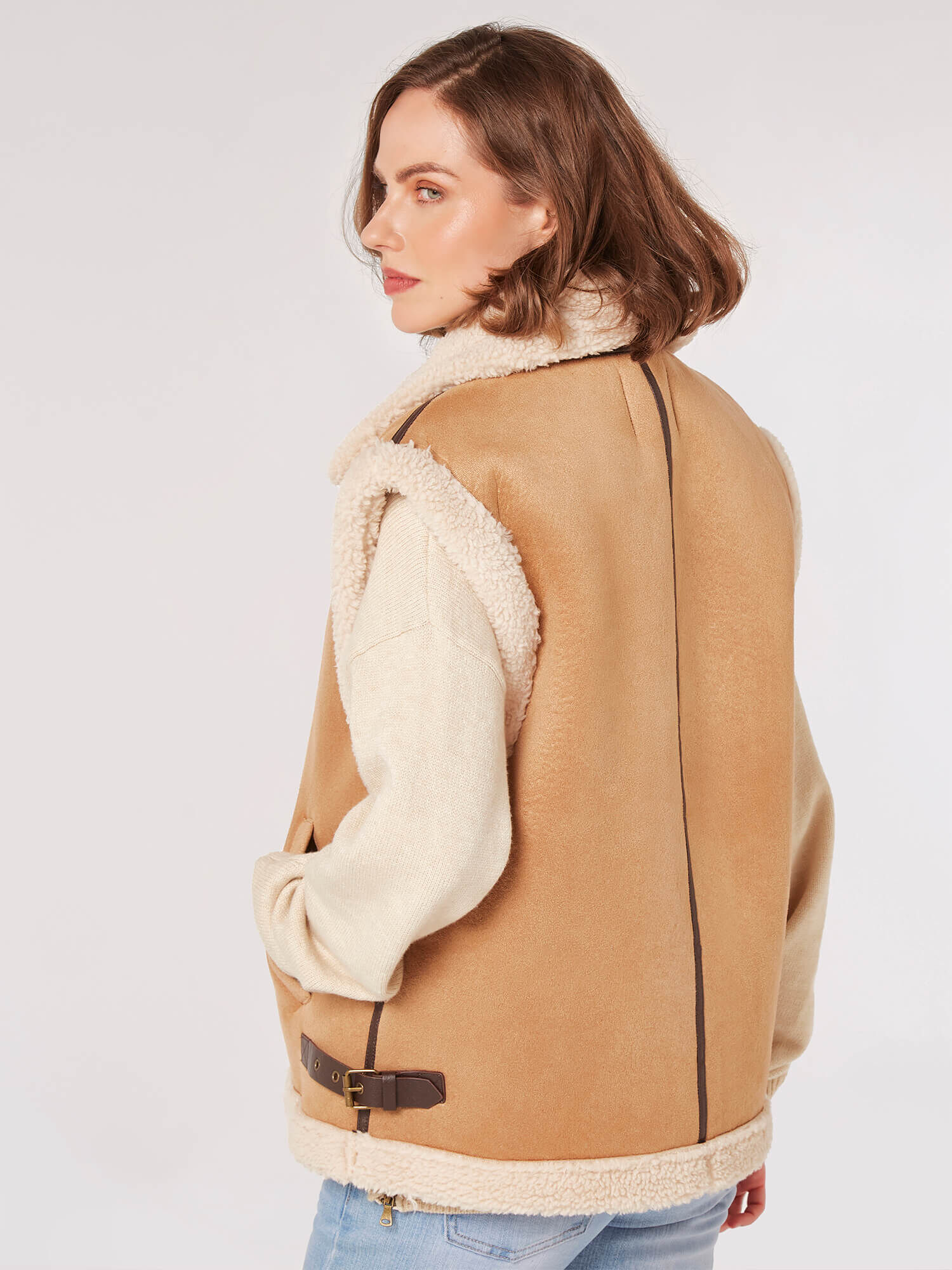 Borg Lined Suede Aviator Gilet Apricot Clothing