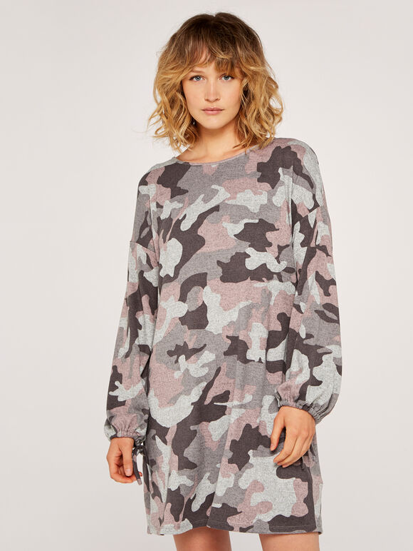 Camo Drawstring Swing Dress, Pink, large