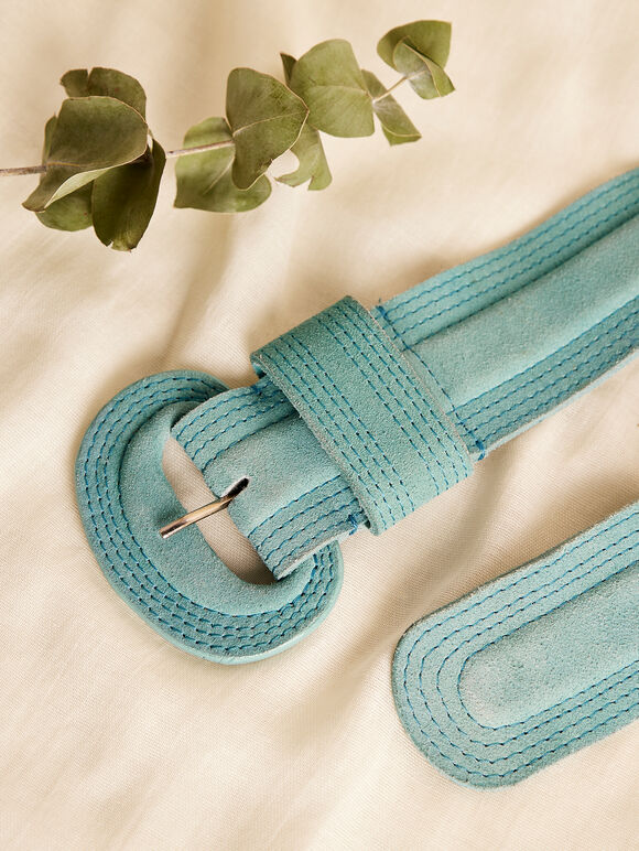 Stitched Suede Belt, Blue, large
