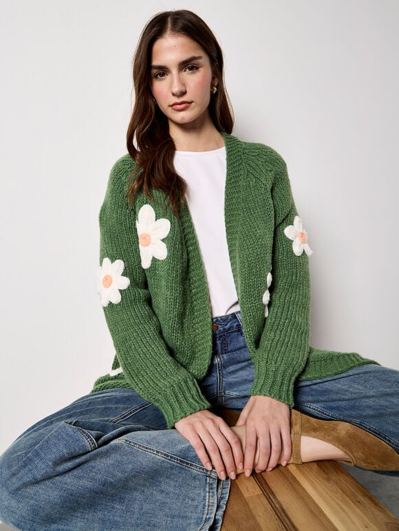 3D Daisy Chunky Knit Cardigan, Green, large