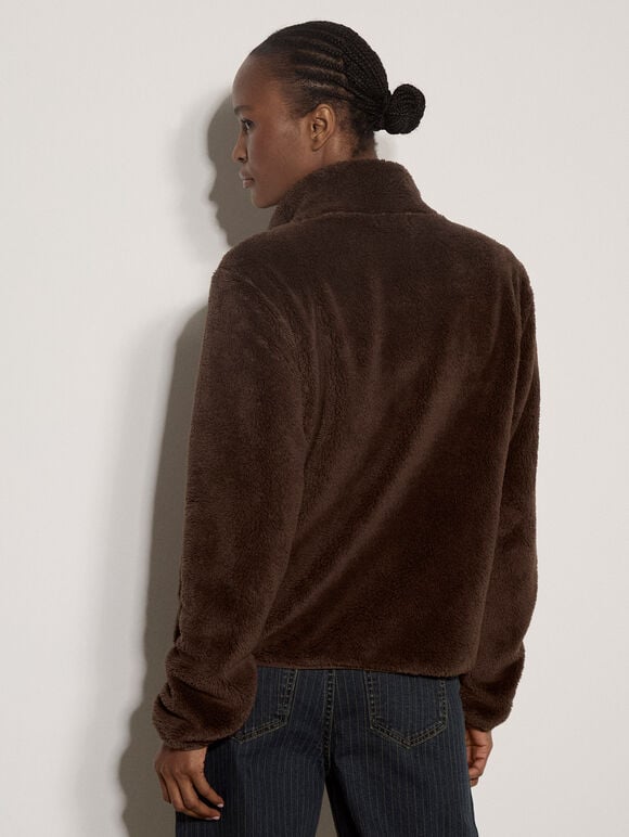 Fleece Cardigan, Brown, large
