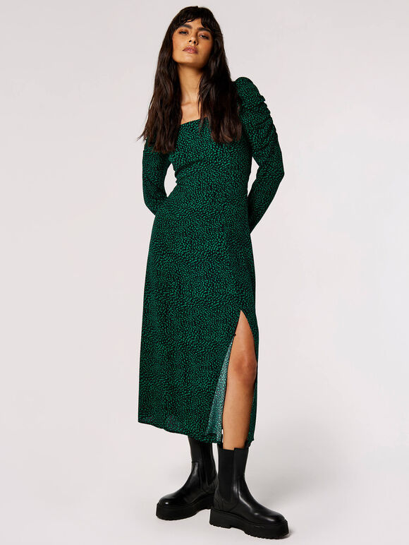 Ruched Milkmaid Midi Dress, Green, large