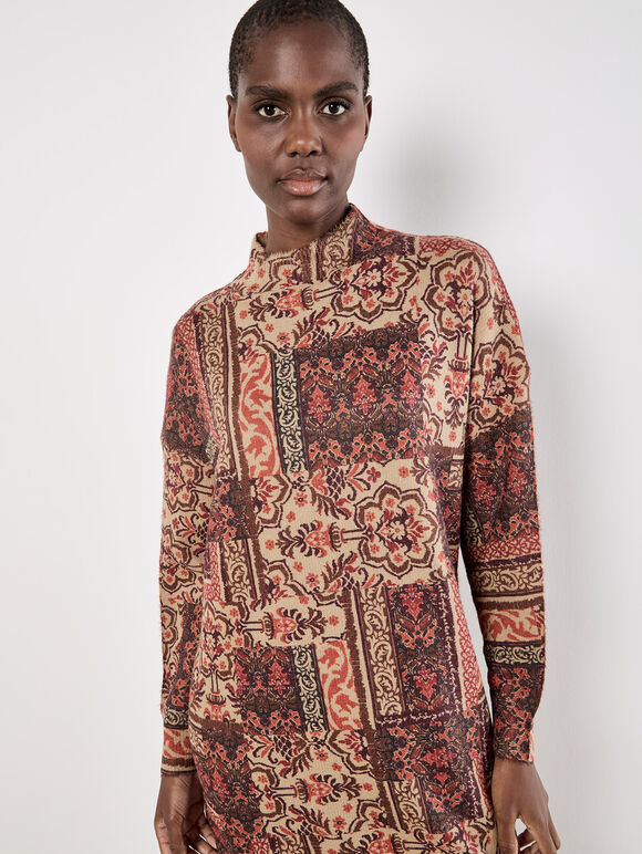 Ikat Patchwork Oversized Jumper Mini Dress, Burgundy, large