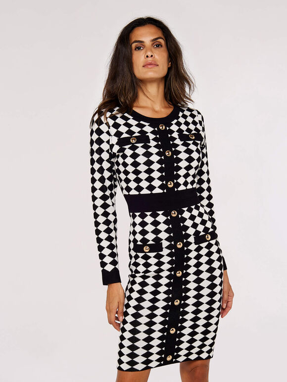 Diamond Print Mini Dress, Black, large