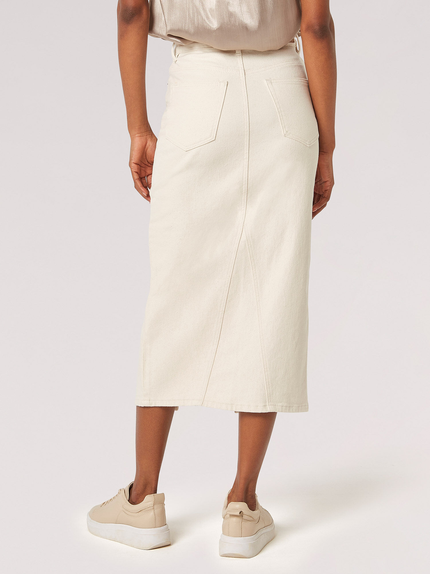 Split Seam Denim Midi Skirt Apricot Clothing
