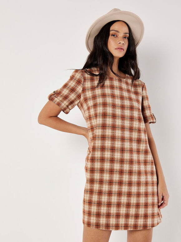 Check Print Swing Mini Dress, Rust, large