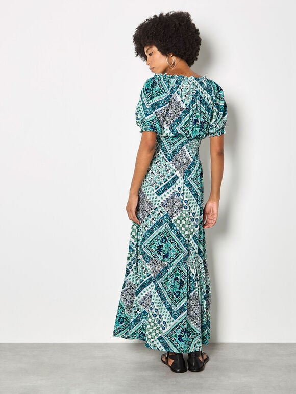 Boho Folk Print Maxi Dress, Blue, large