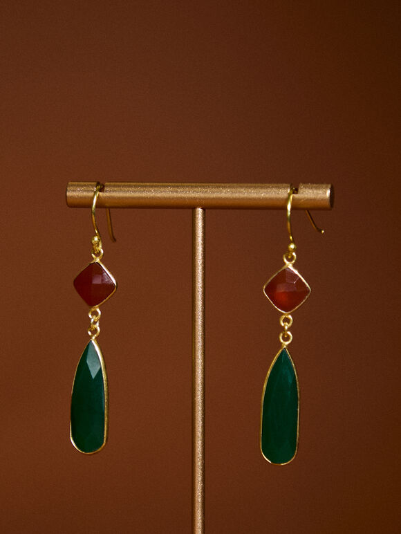 Gold Tone Stone Drop Earrings, Green, large