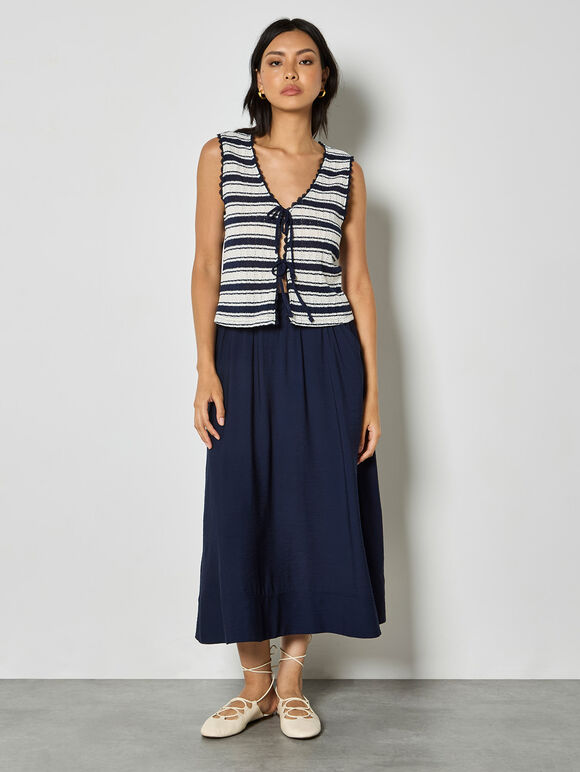 Stripe Pointelle Knit Waistcoat, Navy, large