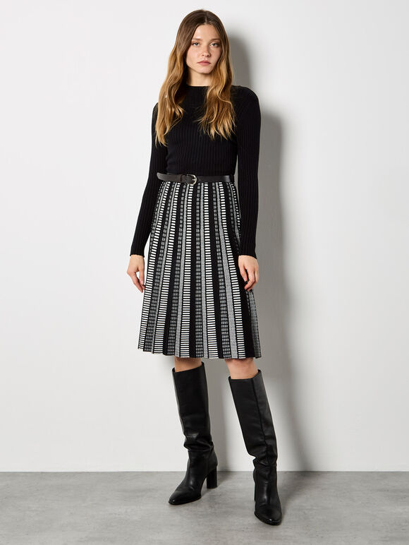 Dotty Skirt Belted Knit Dress, Black, large