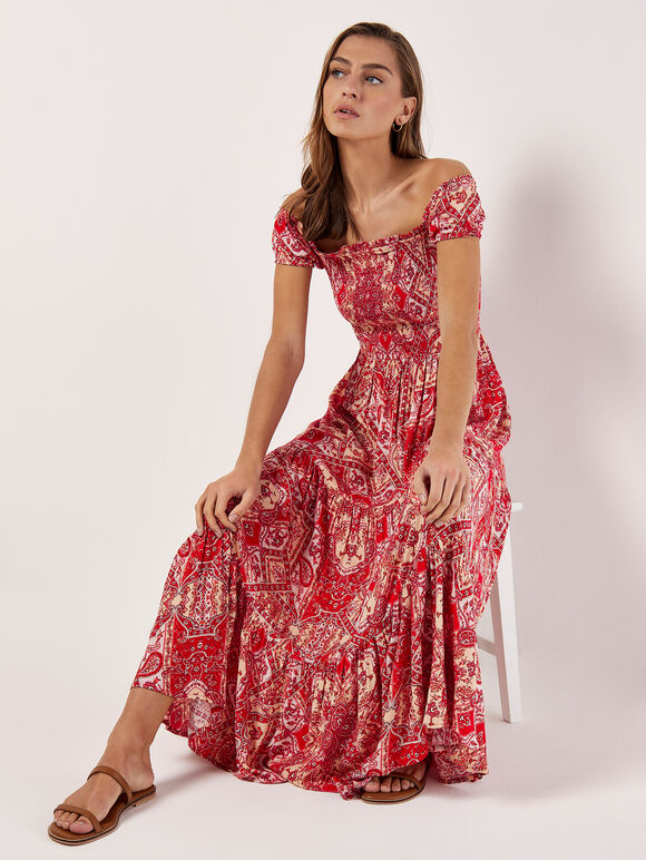 Milchmädchen-Maxikleid mit Schal-Print, Rot, Größe L