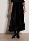 Pleated Velvet Lace Trim Midi Skirt, Black, large