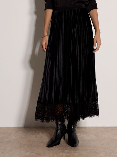 Pleated Velvet Lace Trim Midi Skirt