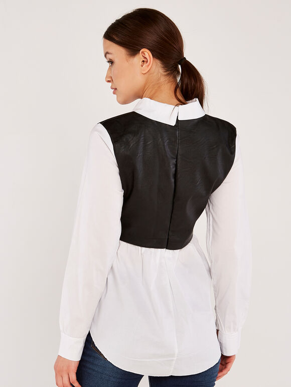 Leather Look Bodice Shirt Top, Black, large
