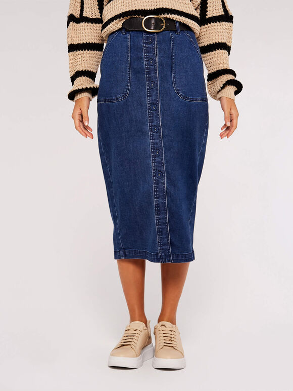 Denim Button Down Midi Skirt, Blue, large