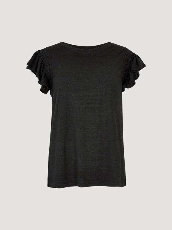 Soft Slub Ruffle Sleeve T-Shirt, Black, large